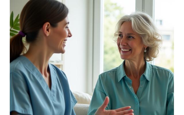 A supportive interaction between a woman and an expert, discussing hormonal health with empathy and knowledge.