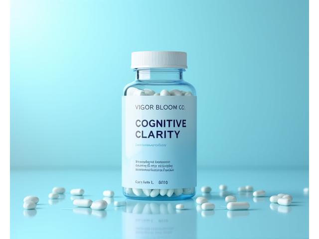 Brain health supplement bottle, clear and sleek design
