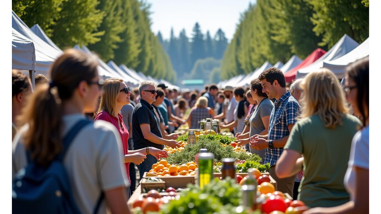 Diverse group of adults interacting happily at a busy community farmers market.