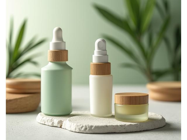 Natural beauty products on a wooden surface with subtle greenery.
