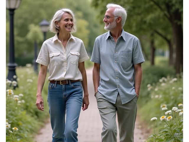 Adults wearing sustainable, comfortable clothing in an outdoor setting.