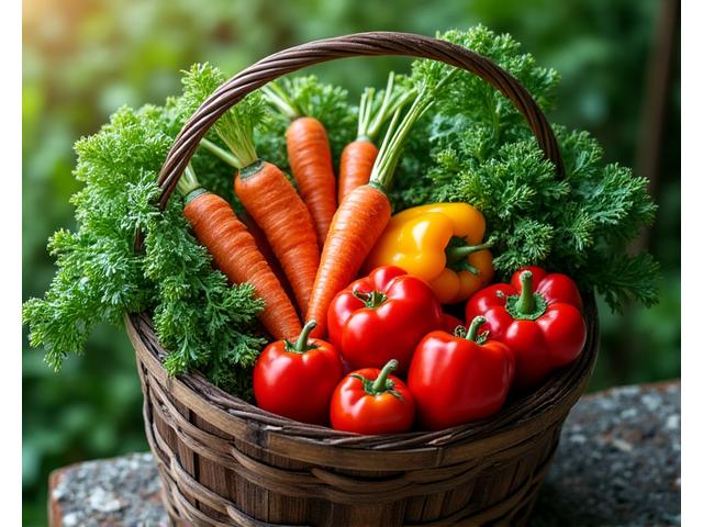Fresh, organic vegetables in a basket with garden blurred in background.